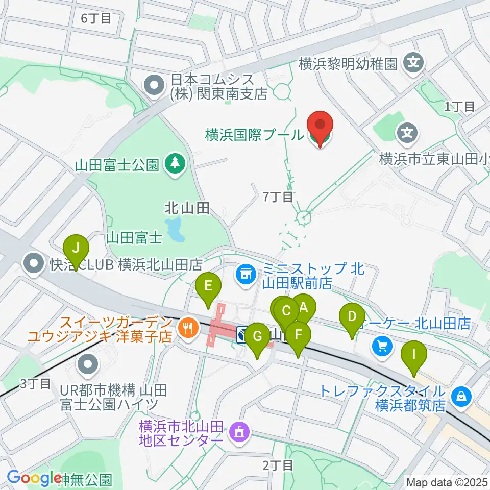 横浜国際プール周辺のファミレス・ファーストフード一覧地図