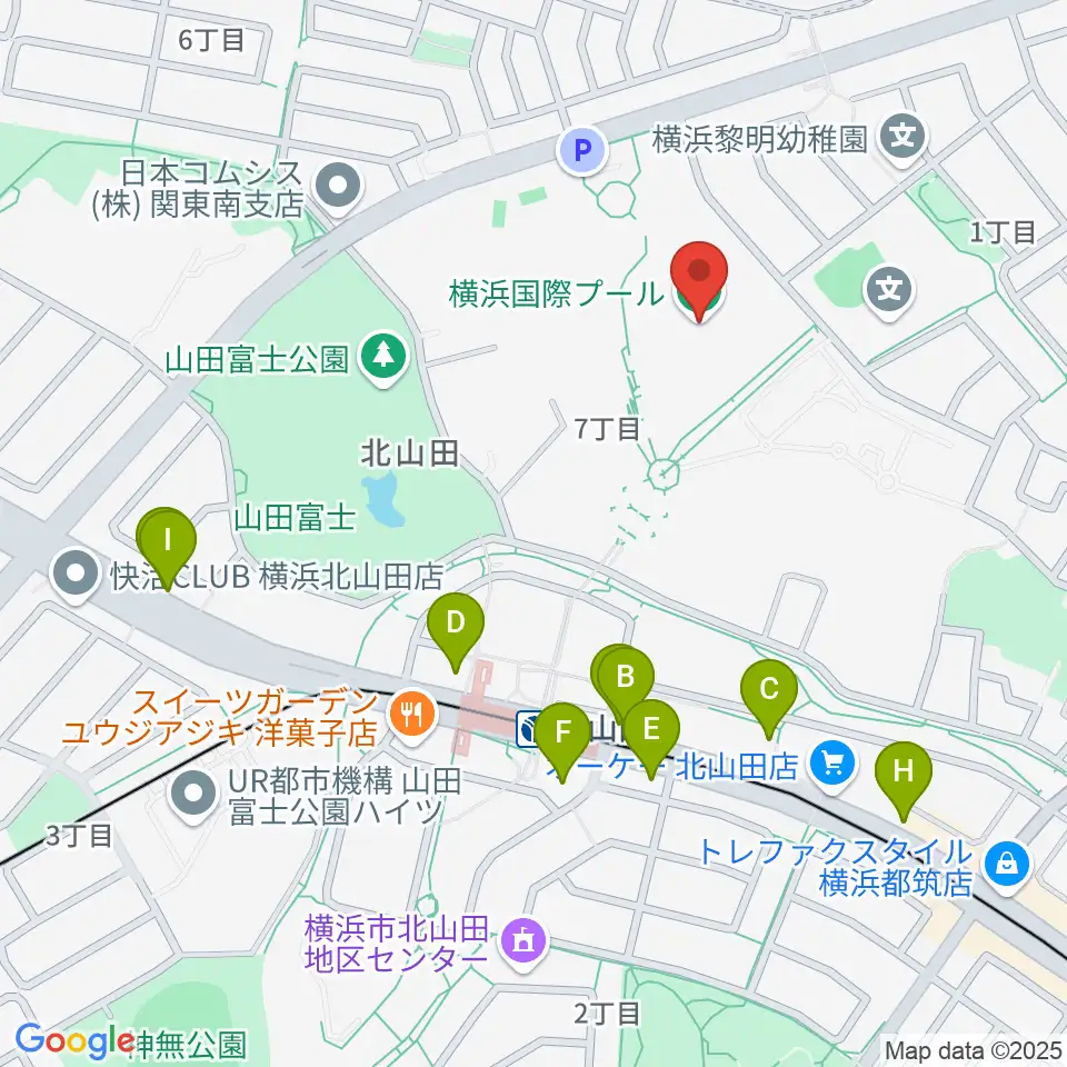 横浜国際プール周辺のファミレス・ファーストフード一覧地図