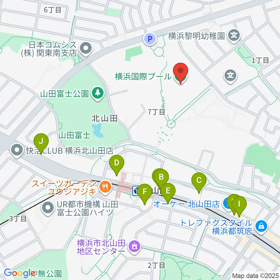 横浜国際プール周辺のファミレス・ファーストフード一覧地図