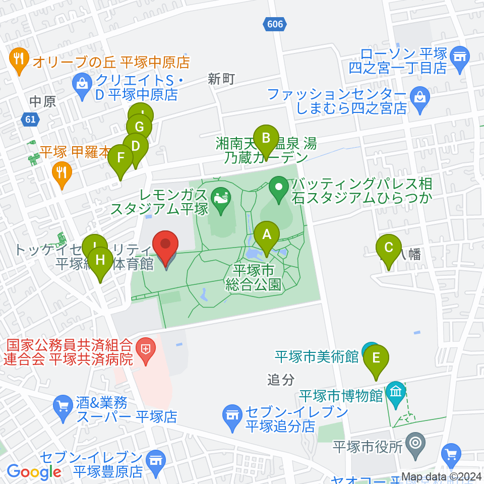 トッケイセキュリティ平塚総合体育館周辺のファミレス・ファーストフード一覧地図