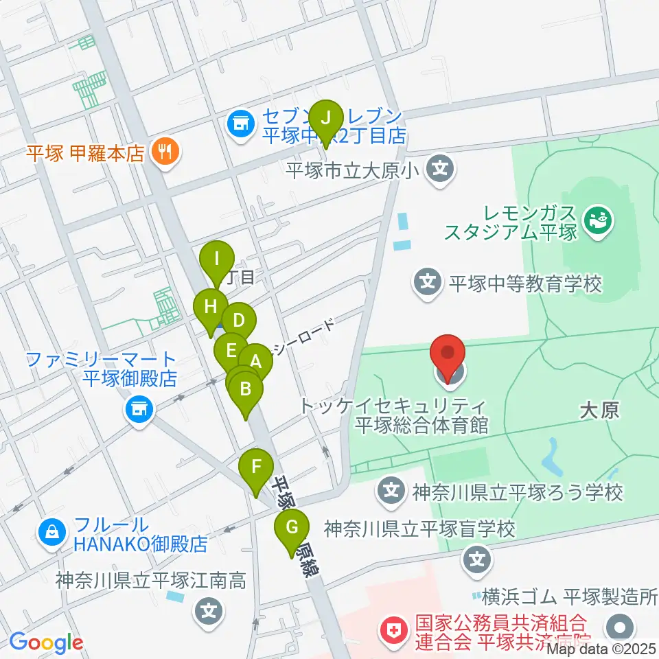 トッケイセキュリティ平塚総合体育館周辺のファミレス・ファーストフード一覧地図