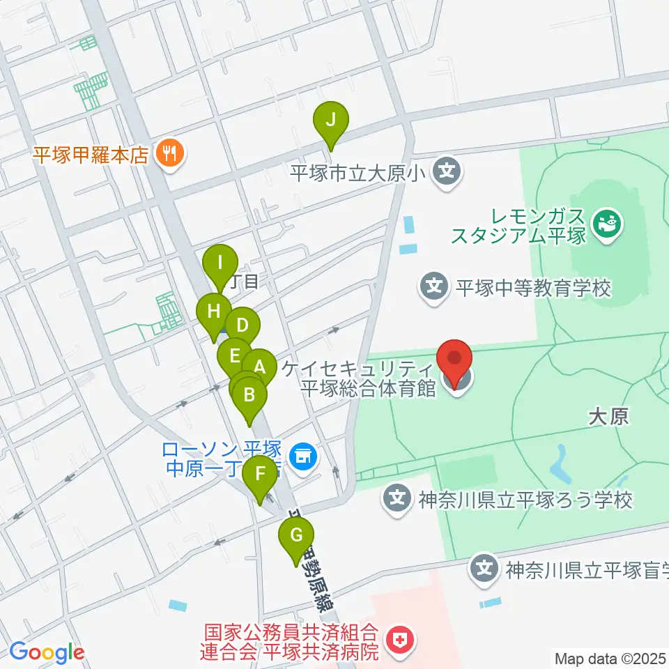 トッケイセキュリティ平塚総合体育館周辺のファミレス・ファーストフード一覧地図