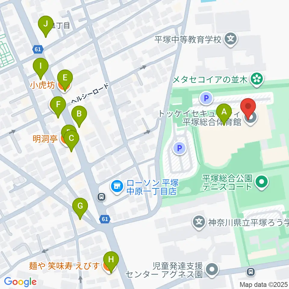 トッケイセキュリティ平塚総合体育館周辺のファミレス・ファーストフード一覧地図