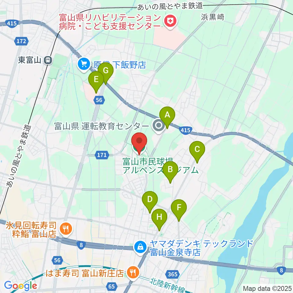 富山市民球場アルペンスタジアム周辺のファミレス・ファーストフード一覧地図