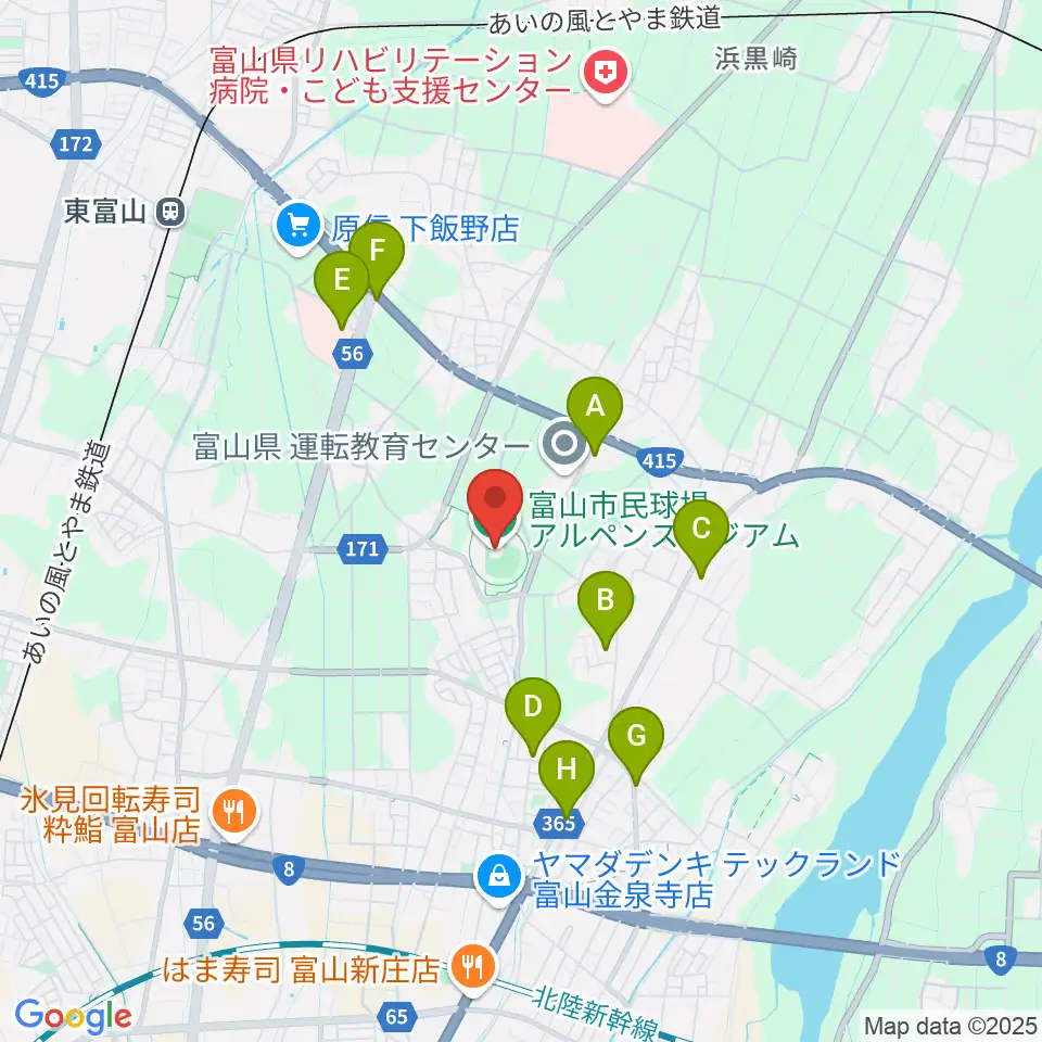 富山市民球場アルペンスタジアム周辺のファミレス・ファーストフード一覧地図