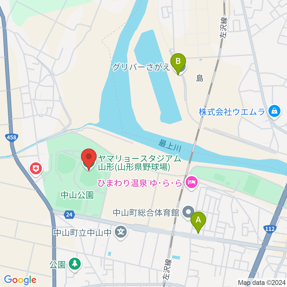 ヤマリョースタジアム山形周辺のファミレス・ファーストフード一覧地図