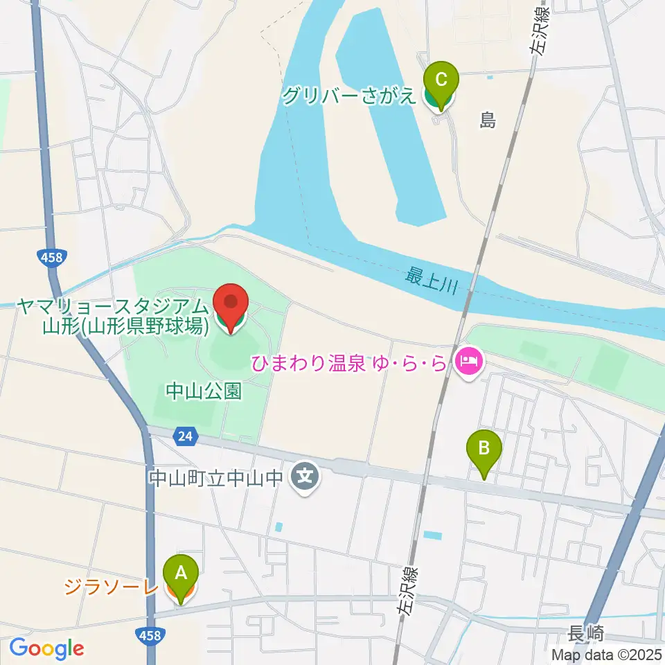 ヤマリョースタジアム山形周辺のファミレス・ファーストフード一覧地図