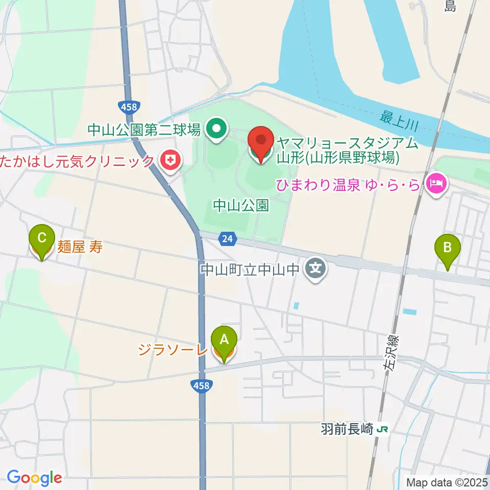 ヤマリョースタジアム山形周辺のファミレス・ファーストフード一覧地図