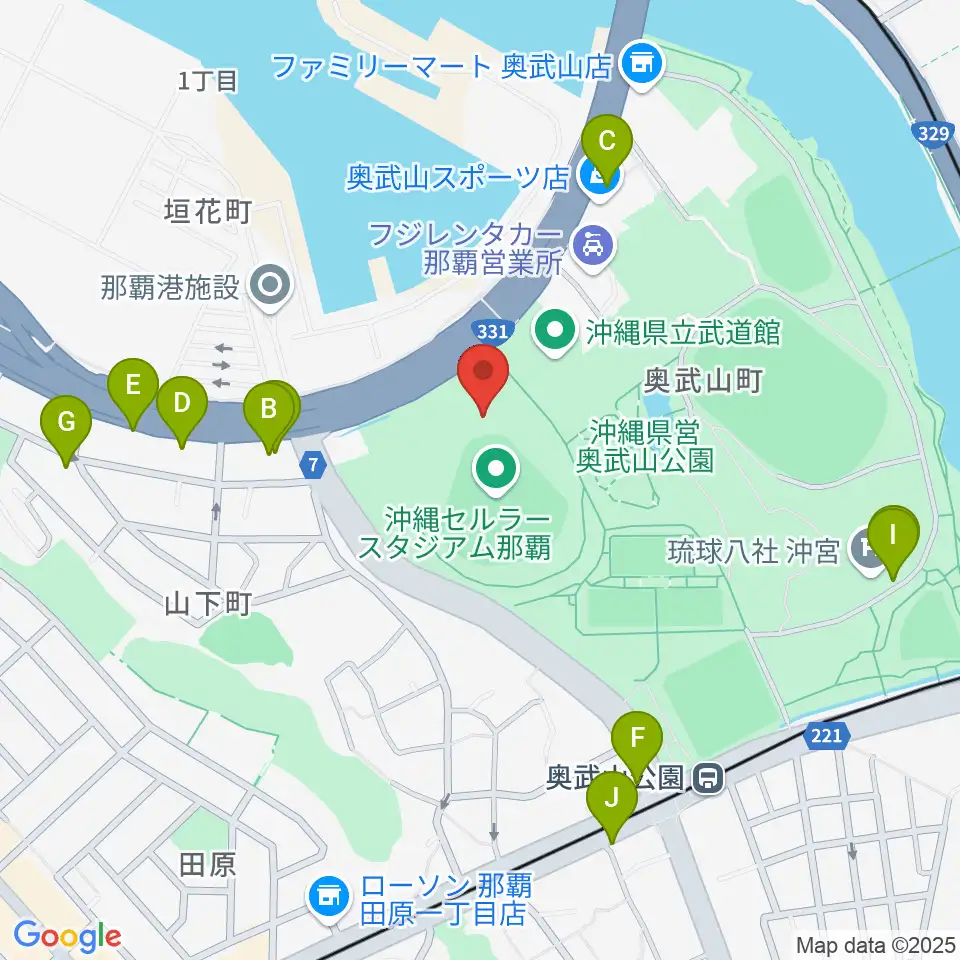 沖縄セルラースタジアム那覇周辺のファミレス・ファーストフード一覧地図
