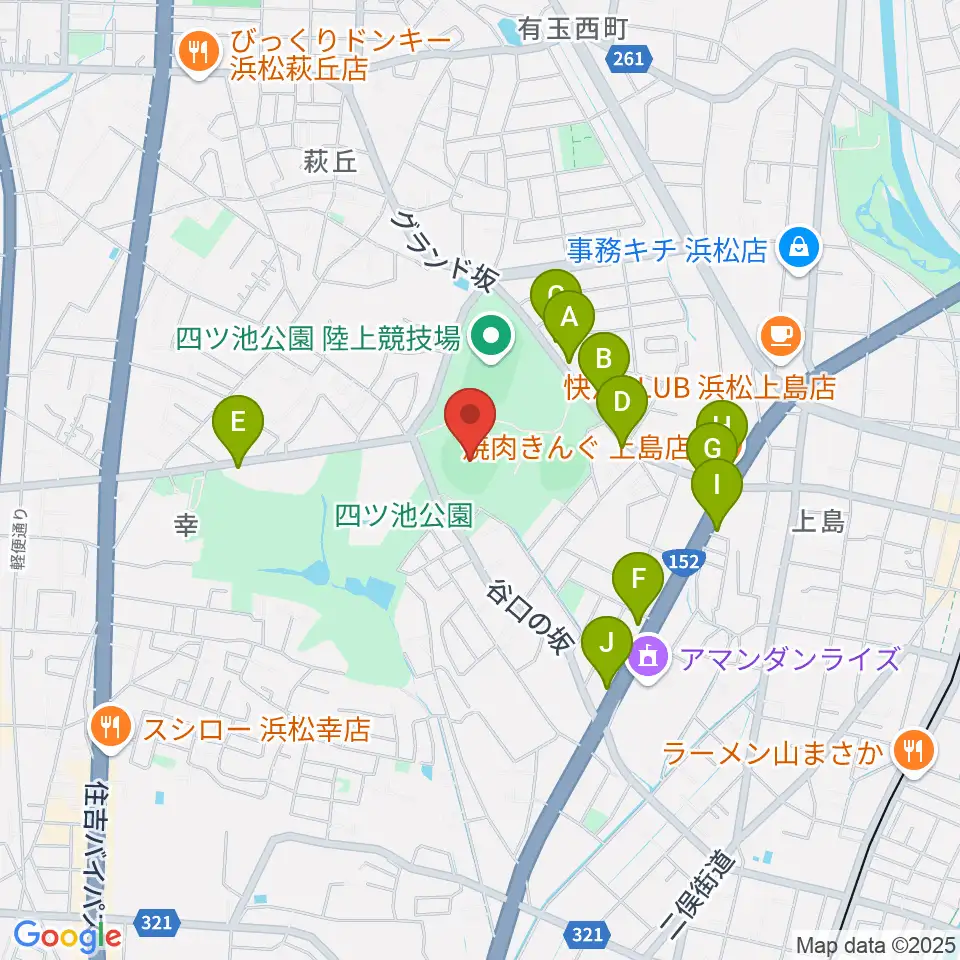 浜松球場周辺のファミレス・ファーストフード一覧地図