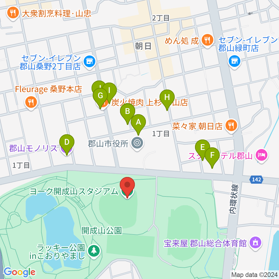 ヨーク開成山スタジアム周辺のファミレス・ファーストフード一覧地図