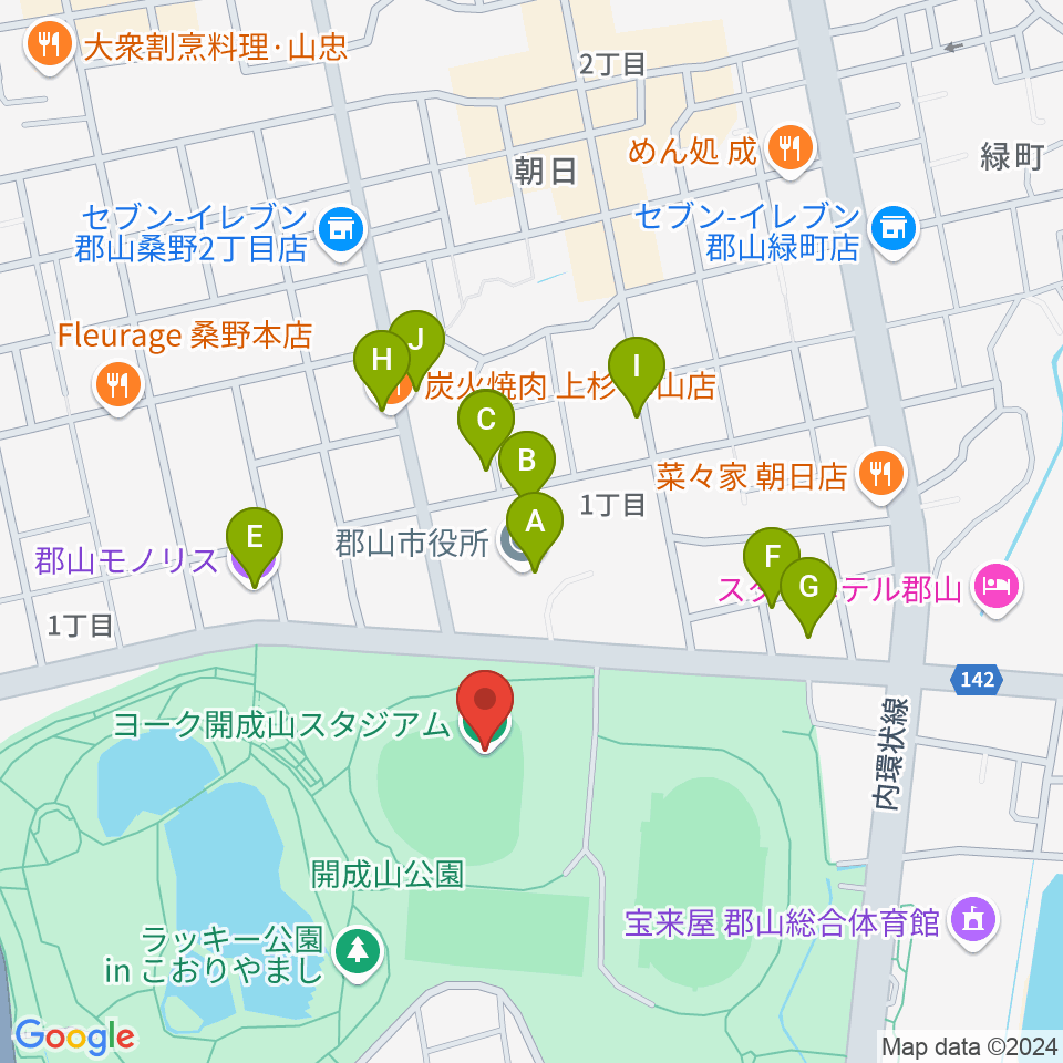 ヨーク開成山スタジアム周辺のファミレス・ファーストフード一覧地図