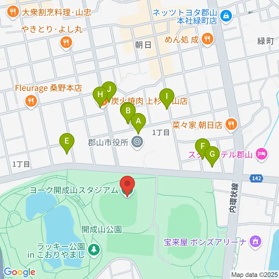 ヨーク開成山スタジアム周辺のファミレス・ファーストフード一覧地図