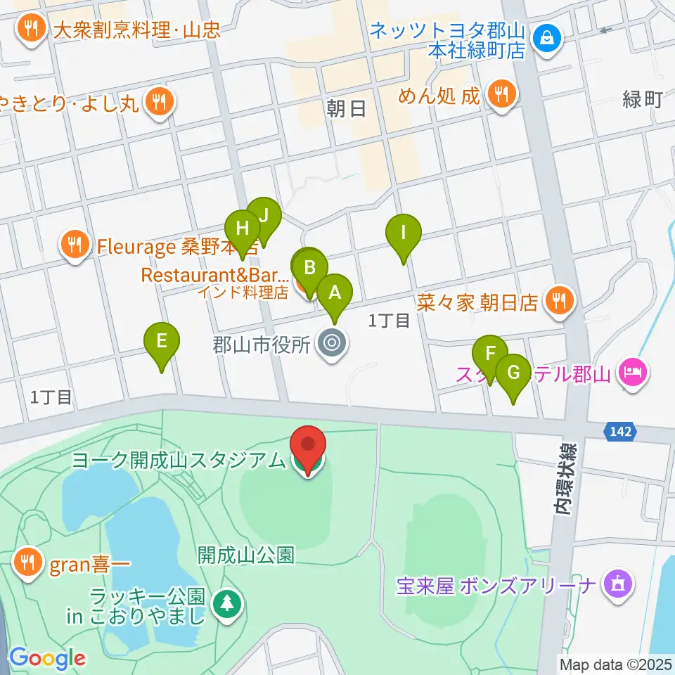 ヨーク開成山スタジアム周辺のファミレス・ファーストフード一覧地図