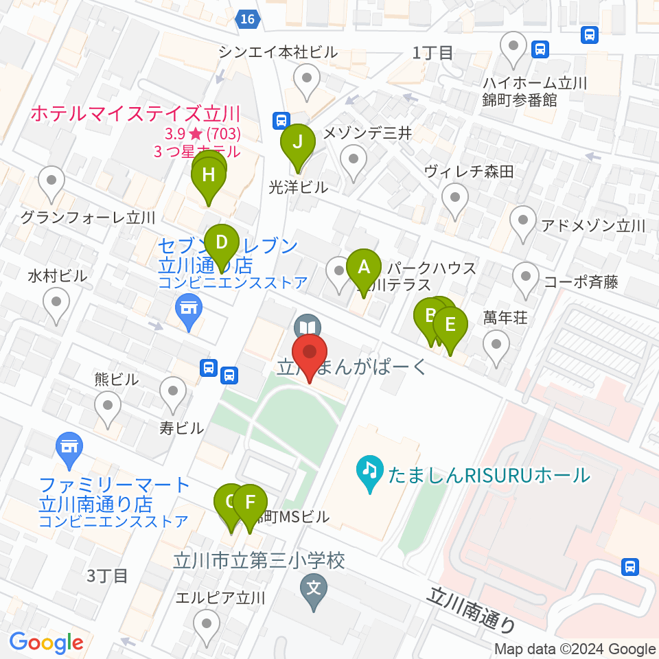 立川市子ども未来センター周辺のファミレス・ファーストフード一覧地図