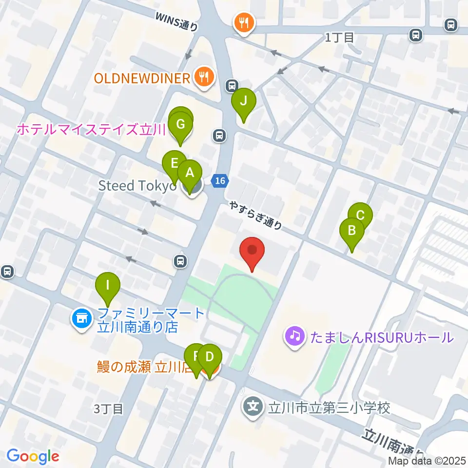 立川市子ども未来センター周辺のファミレス・ファーストフード一覧地図