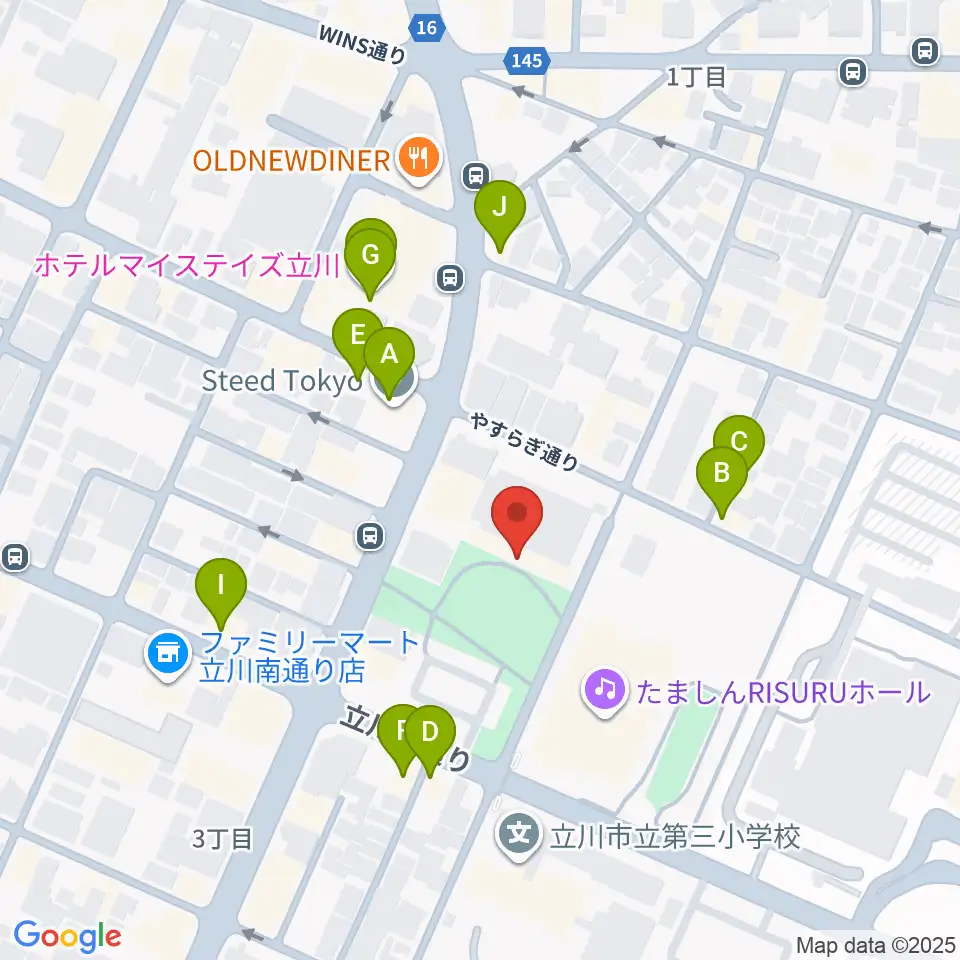 立川市子ども未来センター周辺のファミレス・ファーストフード一覧地図