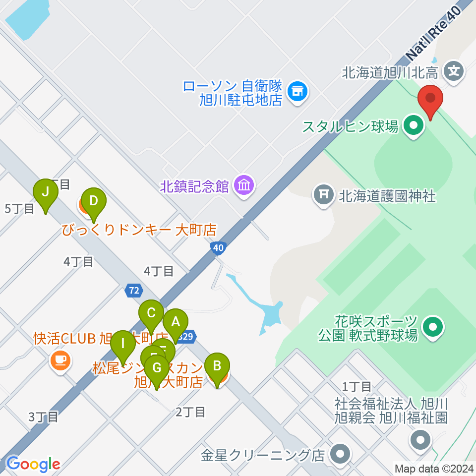 旭川スタルヒン球場周辺のファミレス・ファーストフード一覧地図