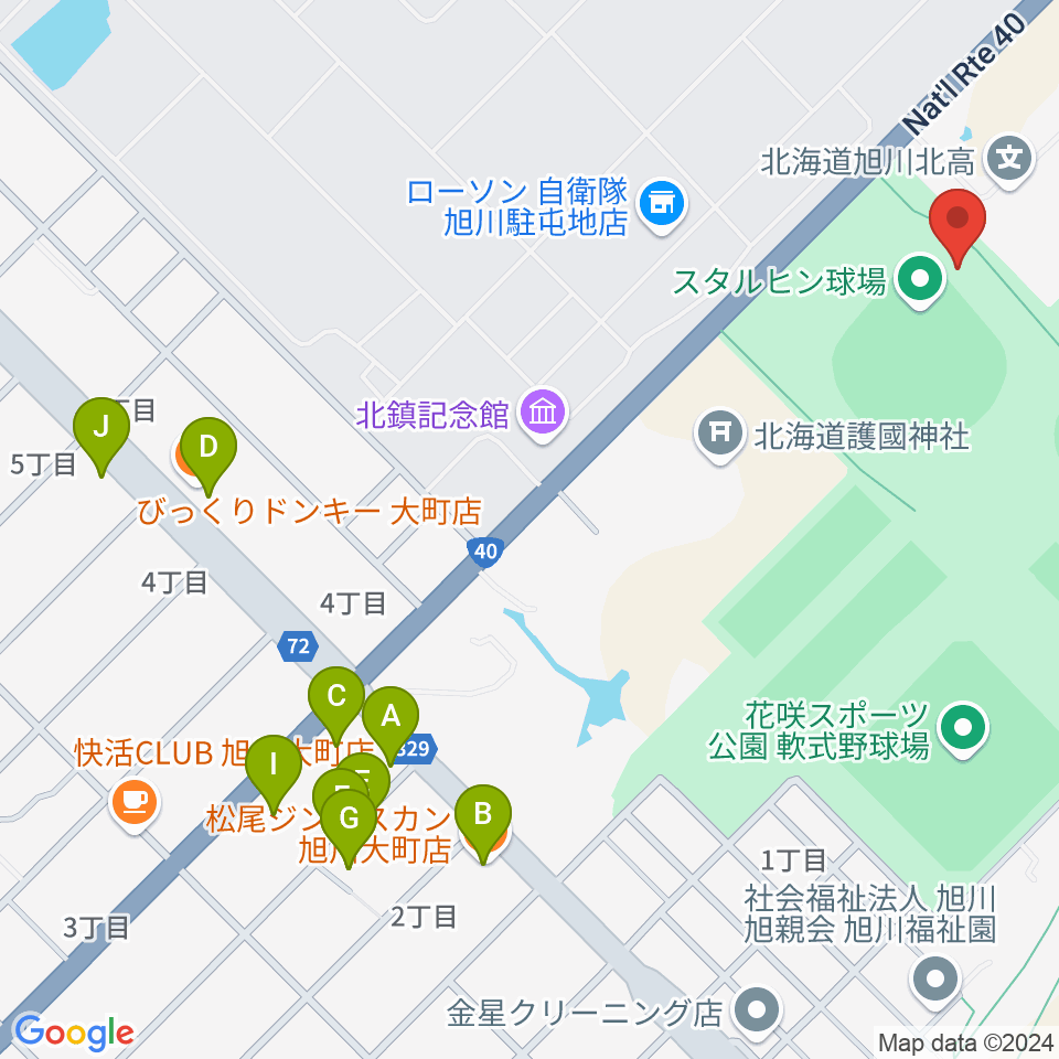 旭川スタルヒン球場周辺のファミレス・ファーストフード一覧地図