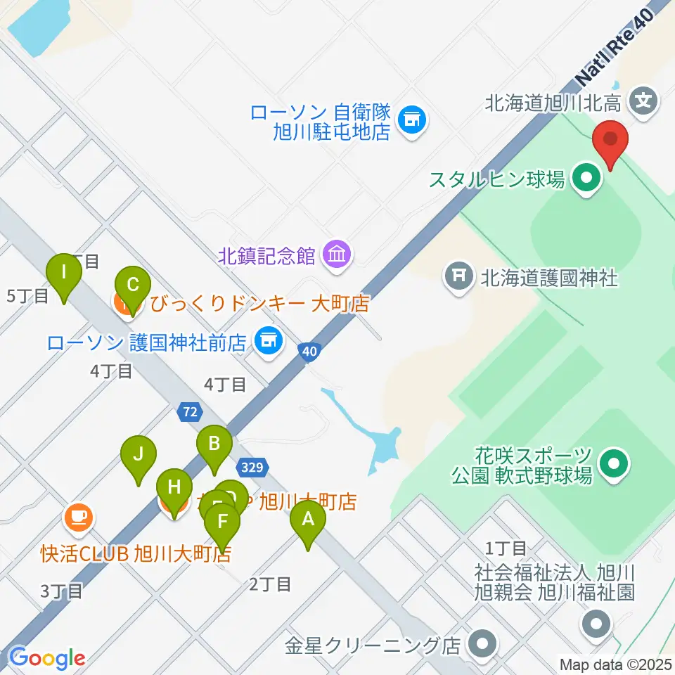旭川スタルヒン球場周辺のファミレス・ファーストフード一覧地図