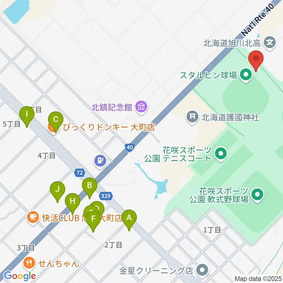 旭川スタルヒン球場周辺のファミレス・ファーストフード一覧地図