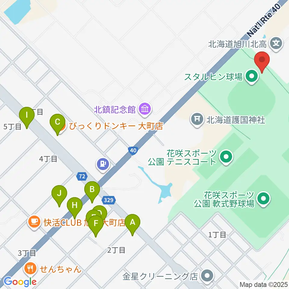 旭川スタルヒン球場周辺のファミレス・ファーストフード一覧地図
