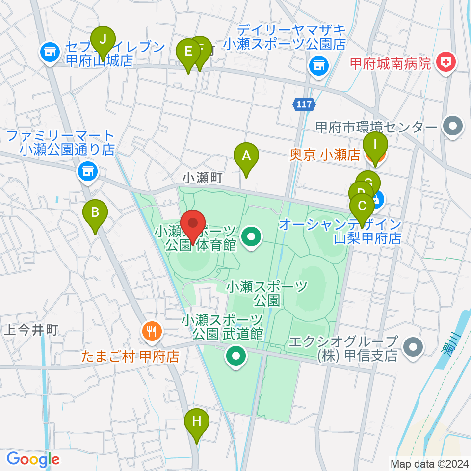 山日YBS球場周辺のファミレス・ファーストフード一覧地図