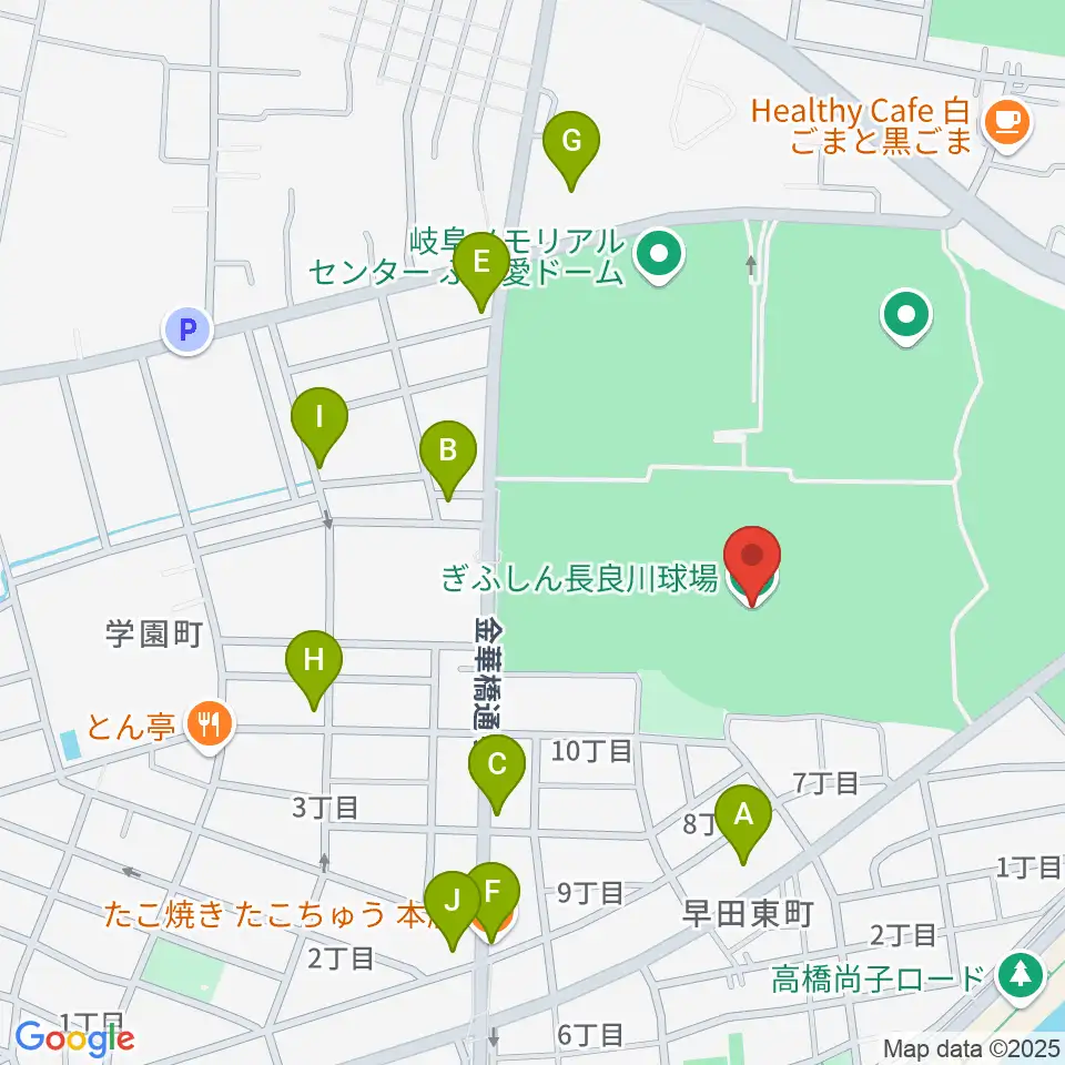 ぎふしん長良川球場周辺のファミレス・ファーストフード一覧地図
