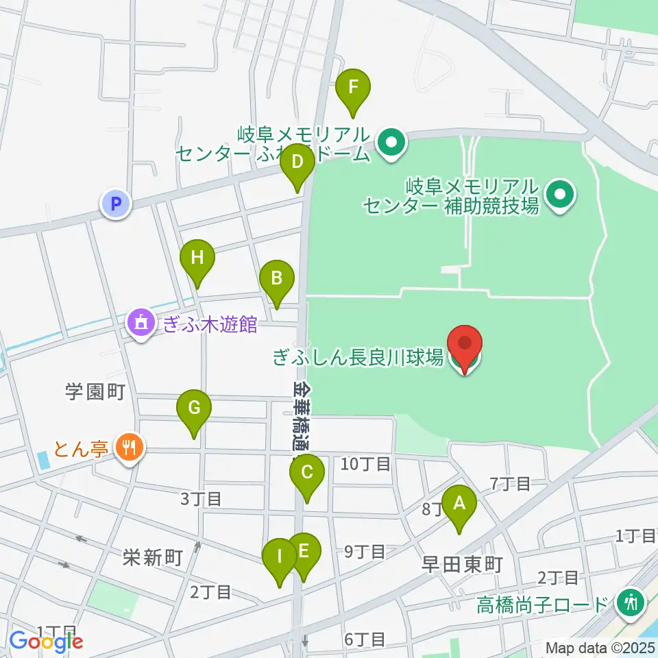 ぎふしん長良川球場周辺のファミレス・ファーストフード一覧地図