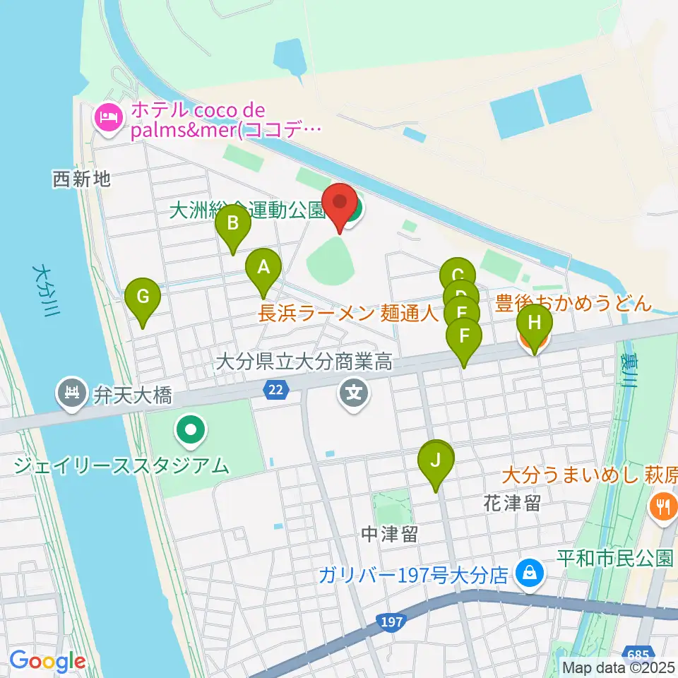 別大興産スタジアム周辺のファミレス・ファーストフード一覧地図