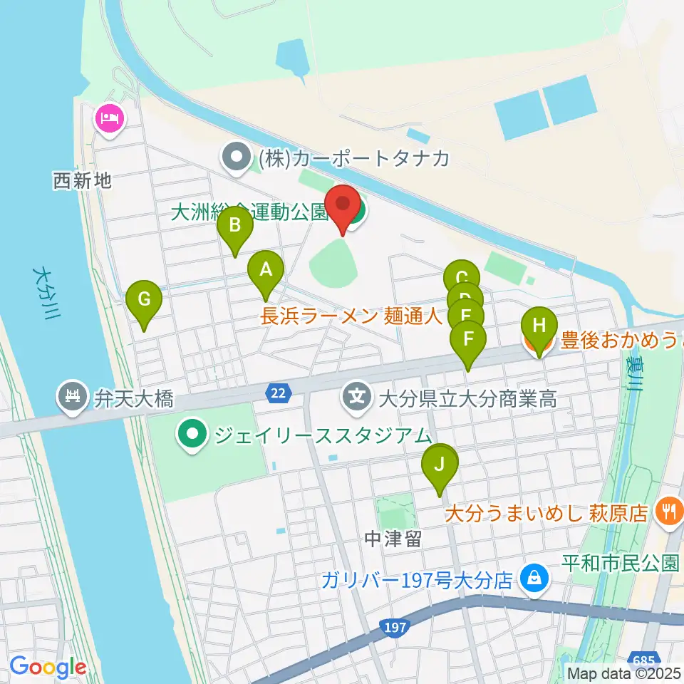別大興産スタジアム周辺のファミレス・ファーストフード一覧地図