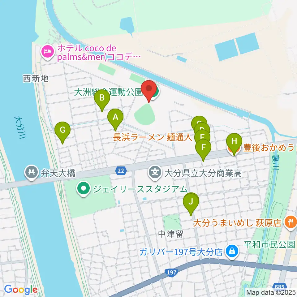 別大興産スタジアム周辺のファミレス・ファーストフード一覧地図