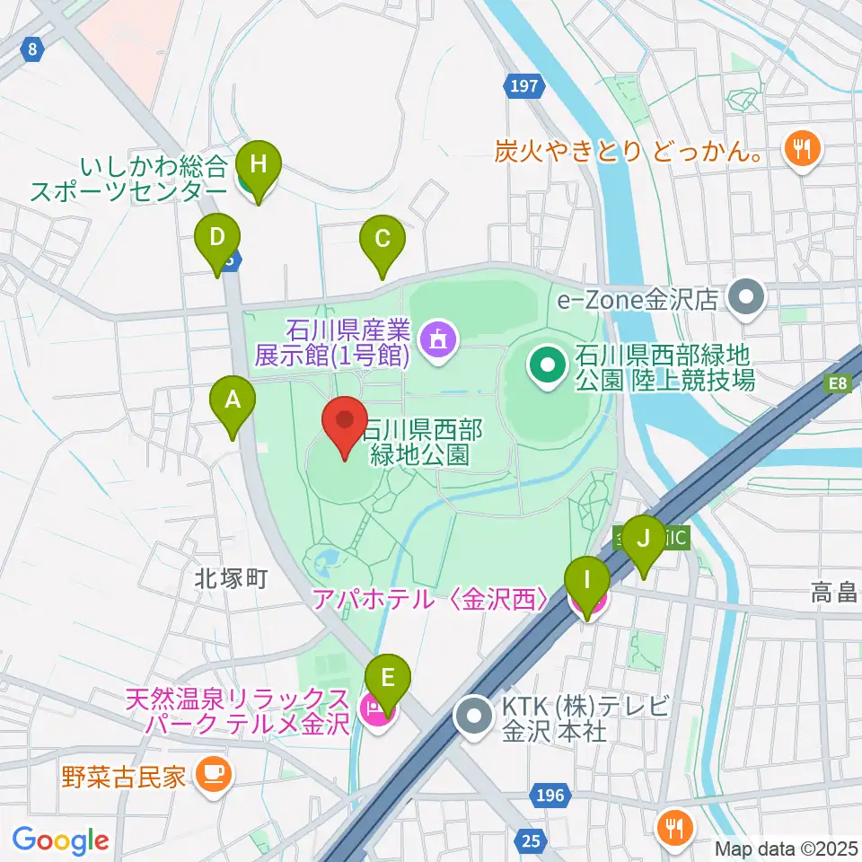 石川県立野球場周辺のファミレス・ファーストフード一覧地図
