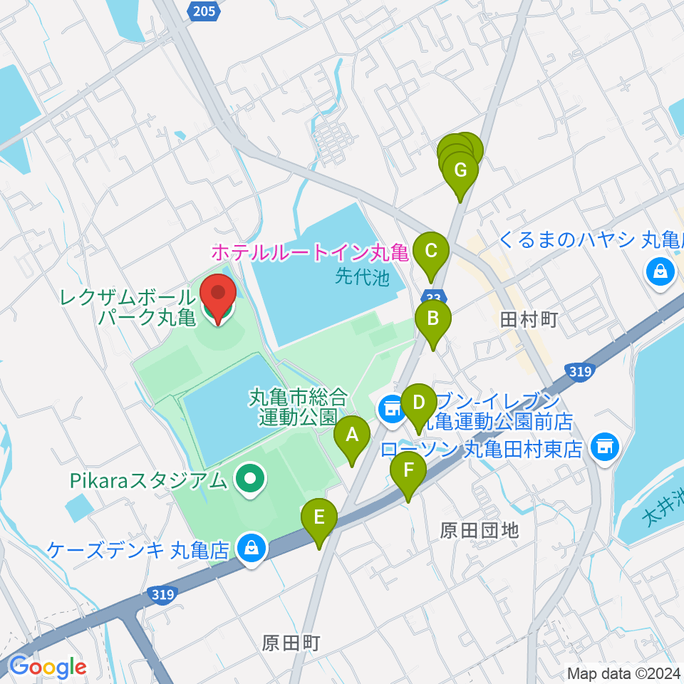 レクザムボールパーク丸亀周辺のファミレス・ファーストフード一覧地図