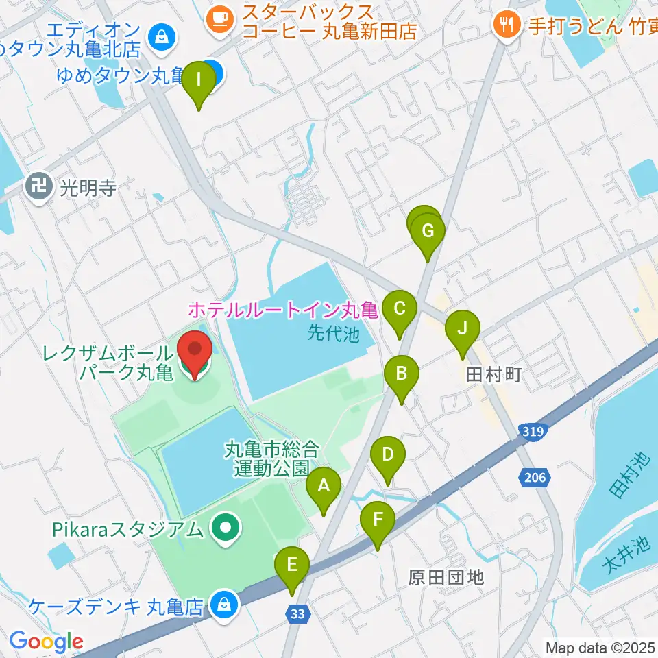 レクザムボールパーク丸亀周辺のファミレス・ファーストフード一覧地図