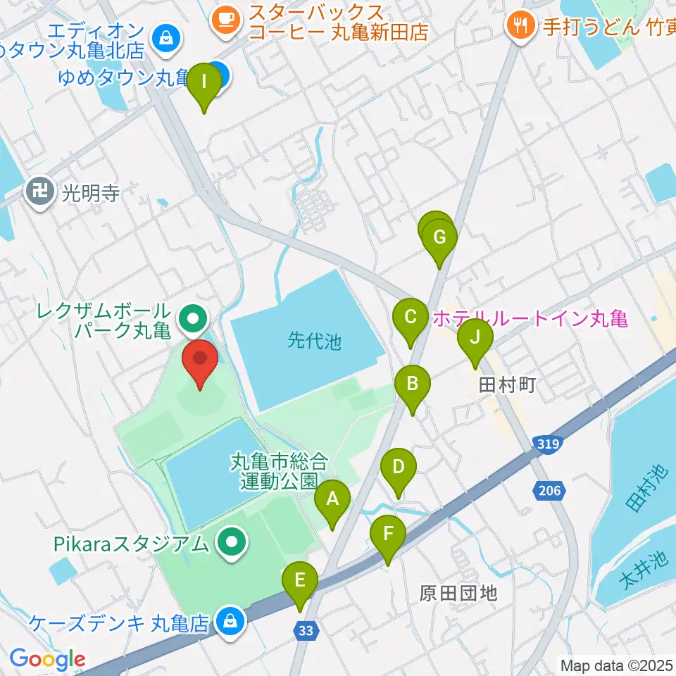レクザムボールパーク丸亀周辺のファミレス・ファーストフード一覧地図