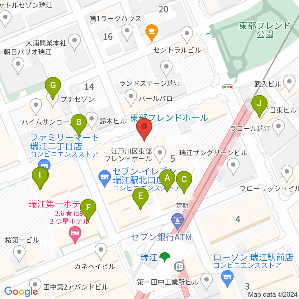 東部フレンドホール周辺のファミレス・ファーストフード一覧地図