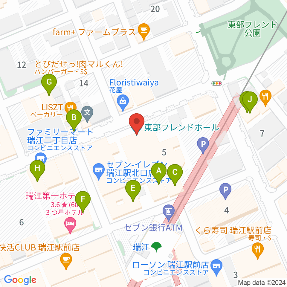 東部フレンドホール周辺のファミレス・ファーストフード一覧地図