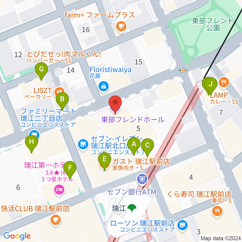 東部フレンドホール周辺のファミレス・ファーストフード一覧地図