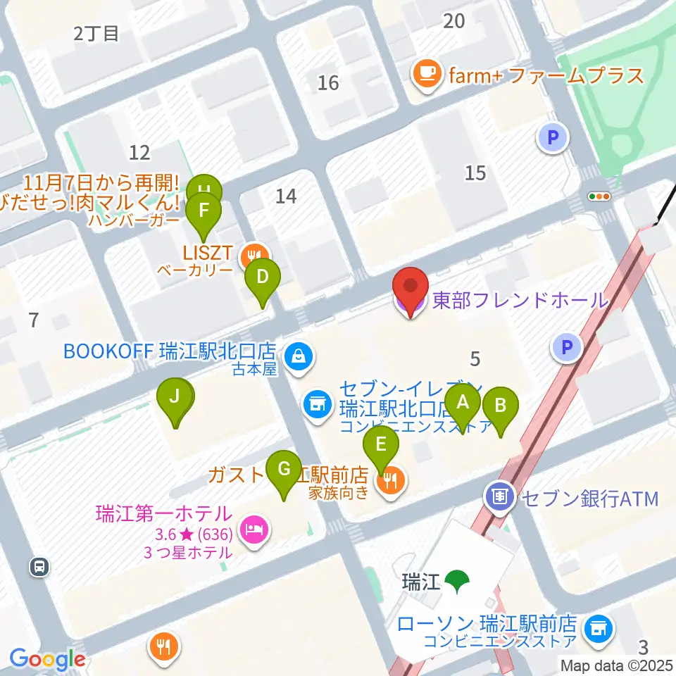 東部フレンドホール周辺のファミレス・ファーストフード一覧地図