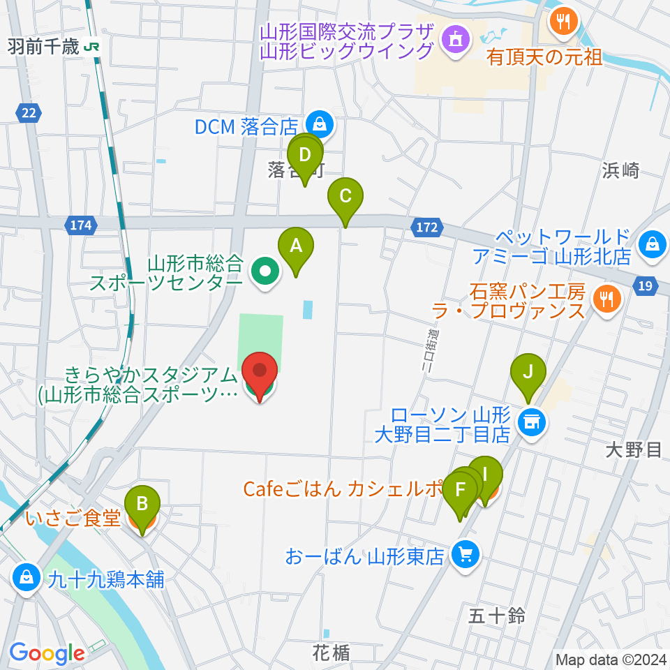 きらやかスタジアム周辺のファミレス・ファーストフード一覧地図