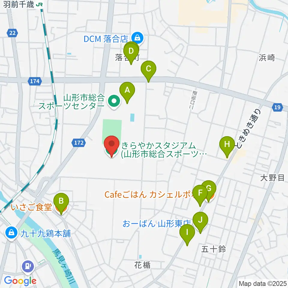 きらやかスタジアム周辺のファミレス・ファーストフード一覧地図