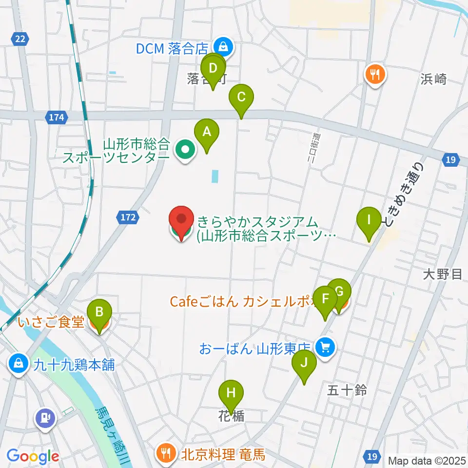 きらやかスタジアム周辺のファミレス・ファーストフード一覧地図