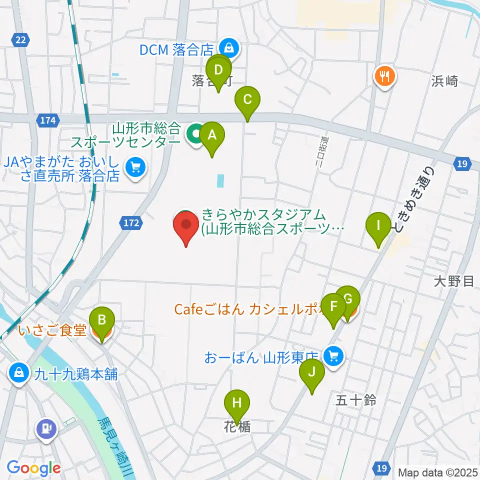 きらやかスタジアム周辺のファミレス・ファーストフード一覧地図