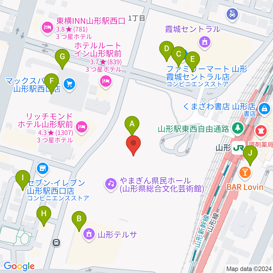 やまぎん県民ホール周辺のファミレス・ファーストフード一覧地図