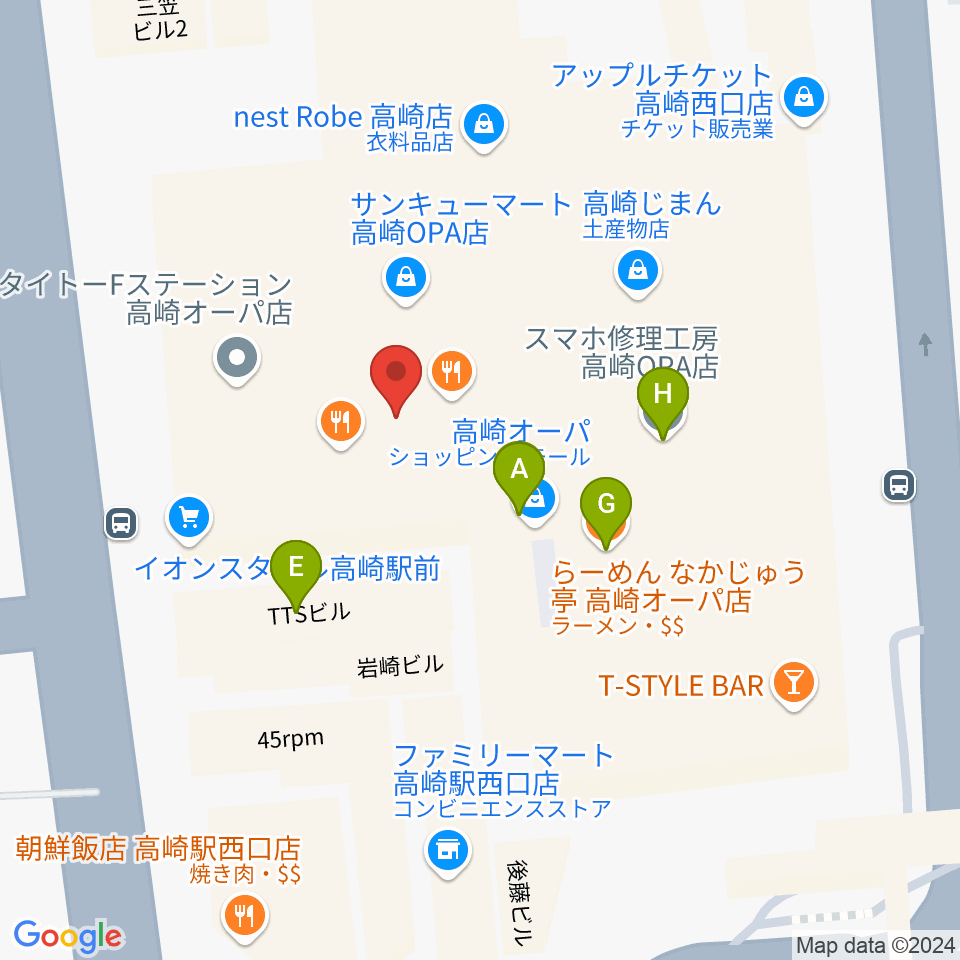 タワーレコード高崎オーパ店周辺のファミレス・ファーストフード一覧地図