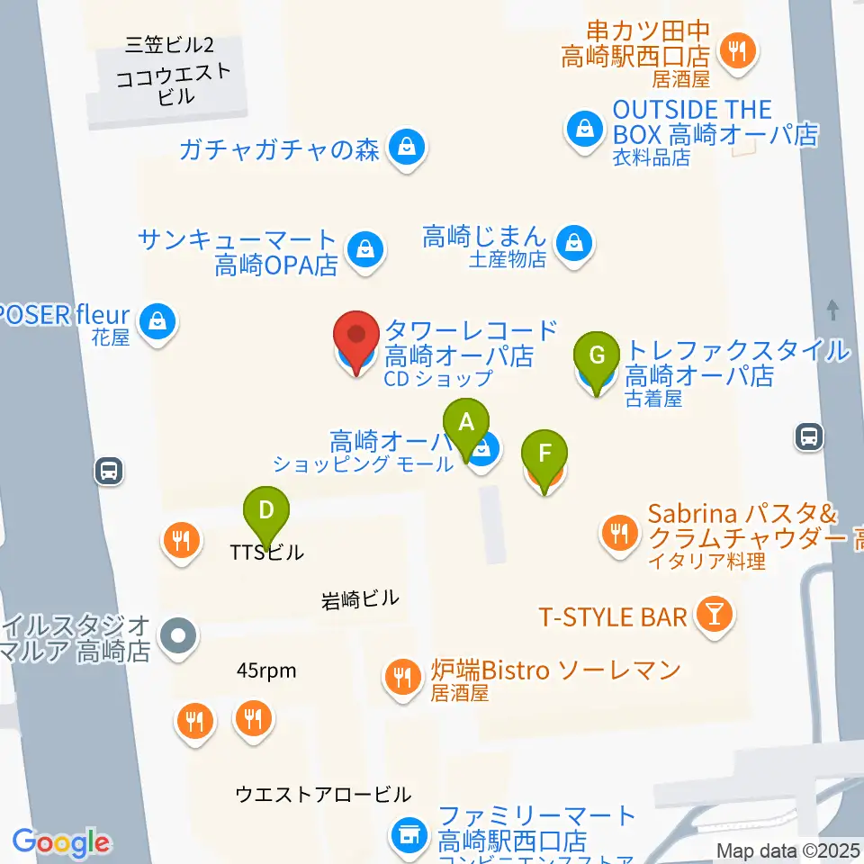 タワーレコード高崎オーパ店周辺のファミレス・ファーストフード一覧地図