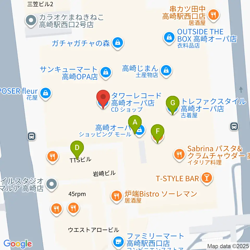 タワーレコード高崎オーパ店周辺のファミレス・ファーストフード一覧地図