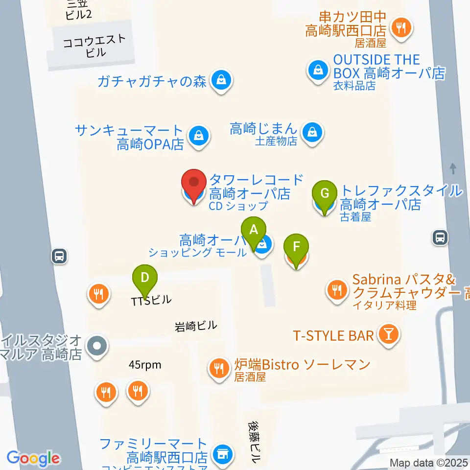 タワーレコード高崎オーパ店周辺のファミレス・ファーストフード一覧地図
