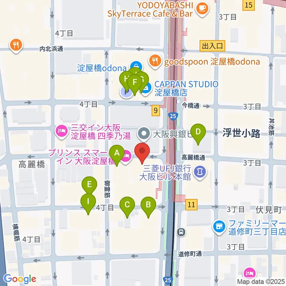 朝日生命ホール周辺のファミレス・ファーストフード一覧地図